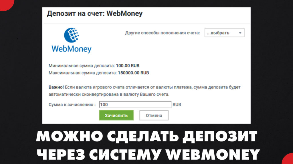 Можно сделать депозит через систему WebMoney